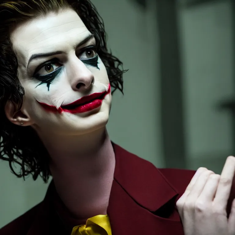 Prompt: anne hathaway as the joker, movie still, 8 k, hdr, atmospheric lighting