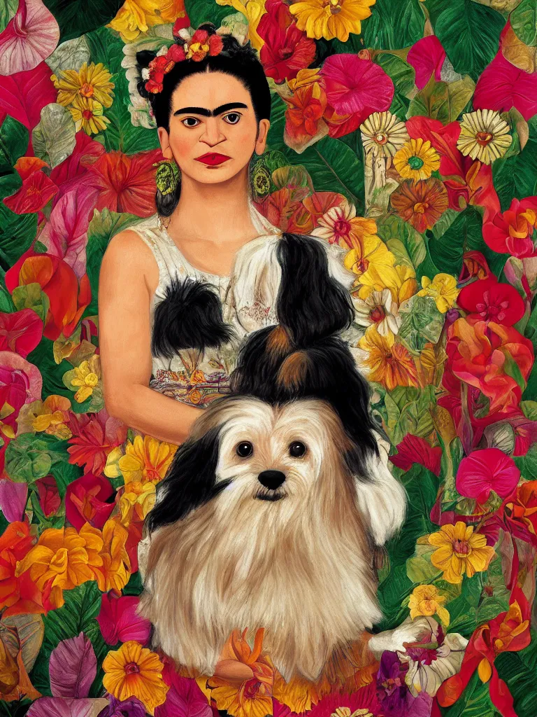 Image similar to portrait of a cream colored havanese dog as frida kahlo, surreal background, by frida kahlo