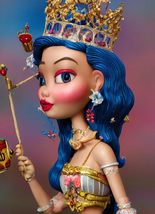 Image similar to closeup face profile portrait of tin toy sylvia sims as a fairytale princess wearing a crown eating cakes, bikini, depth of field, zeiss lens, detailed, symmetrical, centered, fashion photoshoot, by nicoletta ceccoli, mark ryden, lostfish, breathtaking, 8 k resolution, extremely detailed, beautiful, establishing shot, artistic, hyperrealistic, octane render