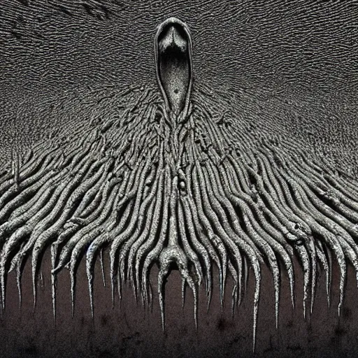 Image similar to horrifying mutant bird made of electricity fused with thousands of birds, thousand heads, mutilated, horror, blood, heavy damage, post apocalyptic, dystopian surrealism, grey, zdzisław beksinski, sad atmosphere, volumetric light, style giger, alex ries, symmetry accurate features, symmetry accurate features, very intricate details, high resolution, intricate