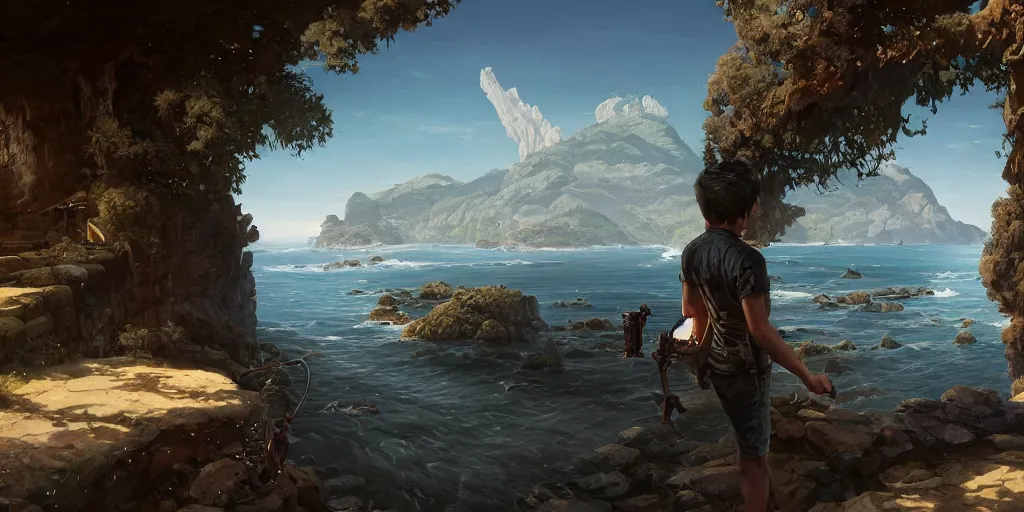 Image similar to highly detailed vanishing - point of a gleaming archipelago in gta v, stephen bliss, unreal engine, fantasy art by greg rutkowski, loish, rhads, ferdinand knab, makoto shinkai and lois van baarle, ilya kuvshinov, rossdraws, tom bagshaw, global illumination, radiant light, detailed and intricate environment