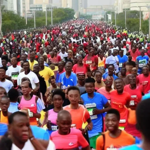 Image similar to african xi jinping running a marathon, hands in air