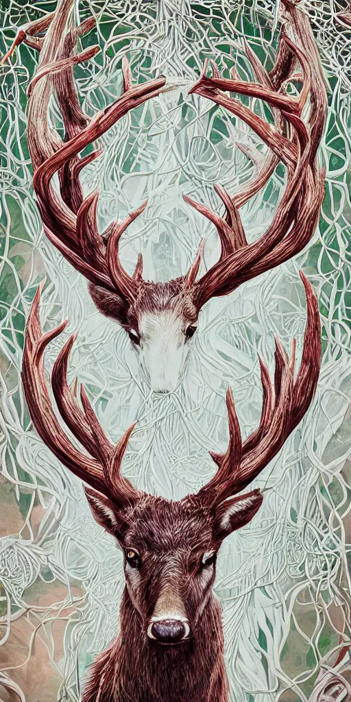 Image similar to highly detailed portrait of a white stag with vines entwined with its antlers by roger dean and alena aenami, dynamic lighting