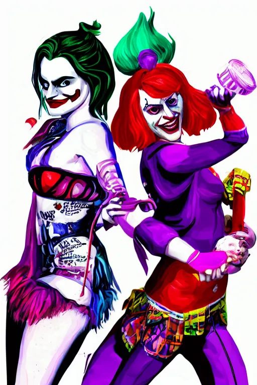 Image similar to joaquin phoenix as joker and lady gaga as harley quinn, fix duplicate content!, fix broken content!, violet polsangi pop art, gta chinatown wars art style, bioshock infinite art style, incrinate, realistic anatomy, hyperrealistic, two colors, white frame, content balance proportion