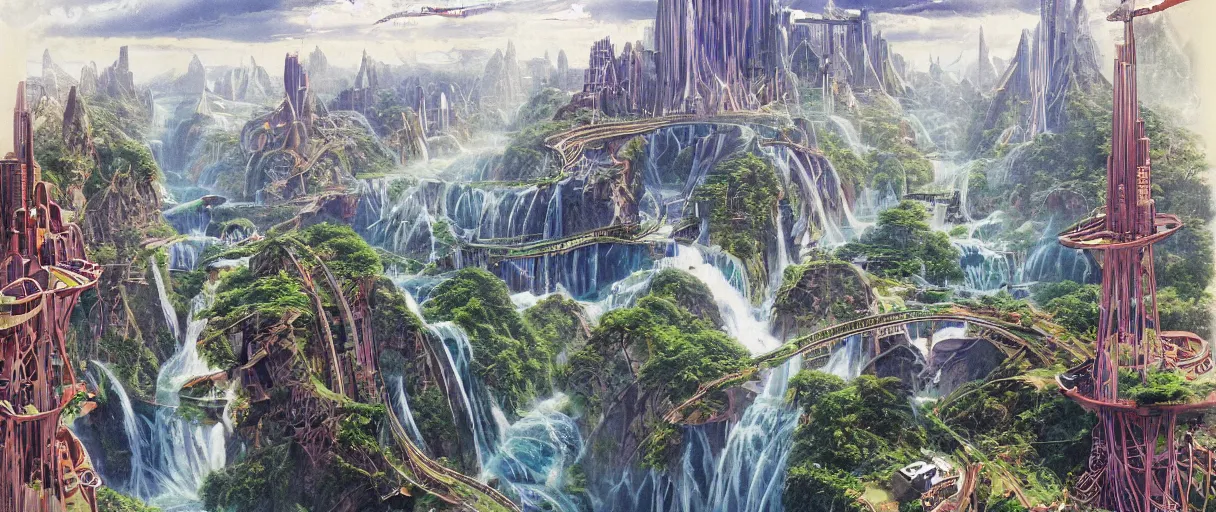 Prompt: A beautiful illustration of a futuristic city of bridges built on a world of waterfalls by Robert McCall and Ralph McQuarrier | sparth:.2 | Time white:.2 | Rodney Matthews:.2 | Graphic Novel, Visual Novel, Colored Pencil, Comic Book:.6 | unreal engine:.3 | | viewed from above | establishing shot:.7