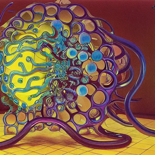 Image similar to weird jellyfish by jeff koons, m. c. escher, zdzisław beksinski, beeple, rutkowski, and alphonse mucha, chihuly