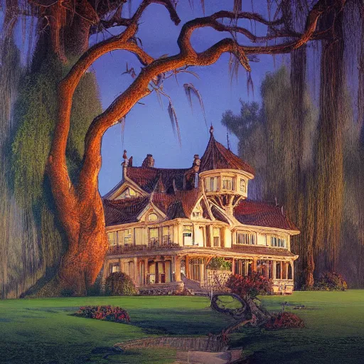 Image similar to mansion in a willow tree grove, Darrell K Sweet, artstation