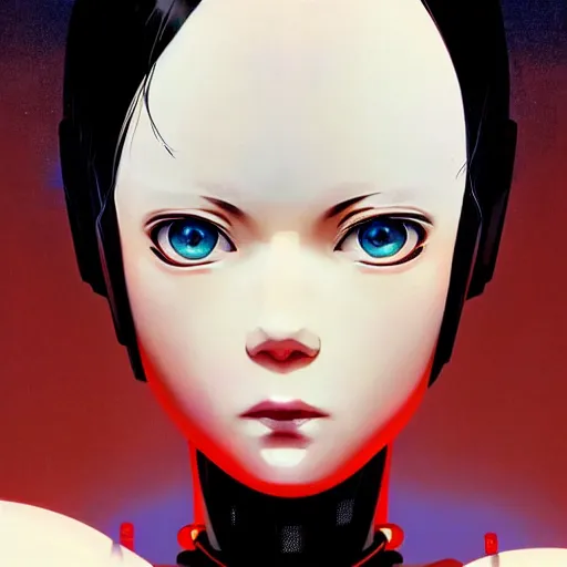 Image similar to A beautiful cyborg woman with big and cute eyes || VERY ANIME, fine-face, red and black robotic parts, realistic shaded perfect face, fine details. Anime. realistic shaded lighting poster by Ilya Kuvshinov katsuhiro otomo ghost-in-the-shell, magali villeneuve, artgerm, Jeremy Lipkin and Michael Garmash, Rob Rey and Kentarõ Miura style, trending on art station