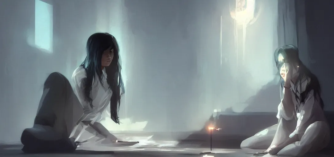 Image similar to Young Himalayan woman concerned in an empty room using psychic powers to make a lighter float| night time scene, plain walls |somber white eyes, long messy hair | gentle lighting, futuristic, dim lighting, digital art by Makoto Shinkai ilya kuvshinov and Wojtek Fus, digital art, concept art,