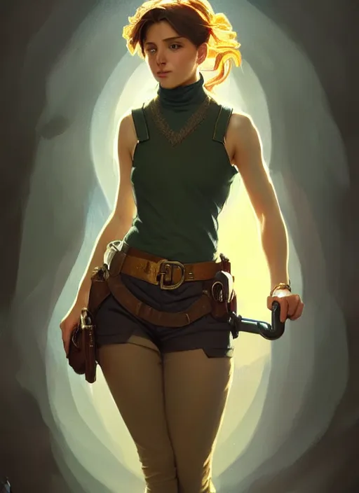 Image similar to portrait of a full body of beautiful young female detective, d & d, sleeveless turtleneck, fantasy, flat lighting, intricate, highly detailed, digital painting, artstation, concept art, smooth, sharp focus, illustration, art by simon bisley and greg rutkowski and alphonse mucha, natural tpose