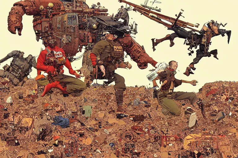 Prompt: full page illustration big guy and rusty doing cool stuff, by Katsuhiro Otomo, Geof Darrow, Phil hale, Ashley wood, Ilya repin, frank frazetta, 8k, hd, high resolution print