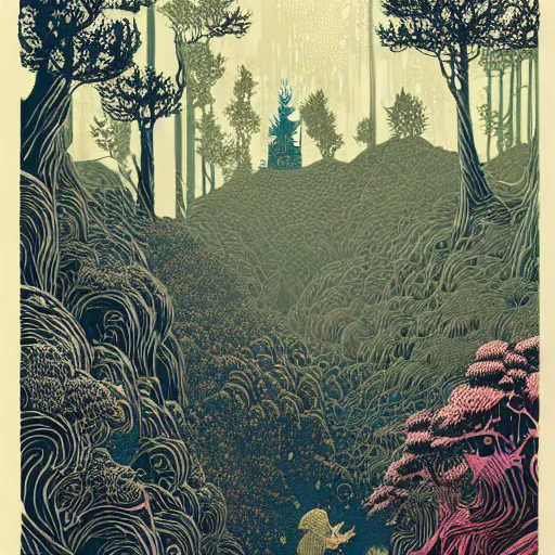 Image similar to linocut print of fantasy forest, amazing art, highly detailed, intricate, color, masterpiece, by victo ngai, craig mullins