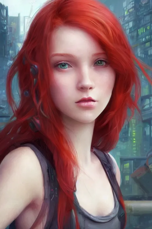 Prompt: beautiful cute red haired eighteen year old young girl standing up, casual green clothing, long hair, cyberpunk city, cute joyful and playful face, rpg character, sci - fi, intricate, elegant, digital painting, artstation, concept art, smooth, 8 k frostbite 3 engine, ultra detailed, art by artgerm and greg rutkowski and magali villeneuve