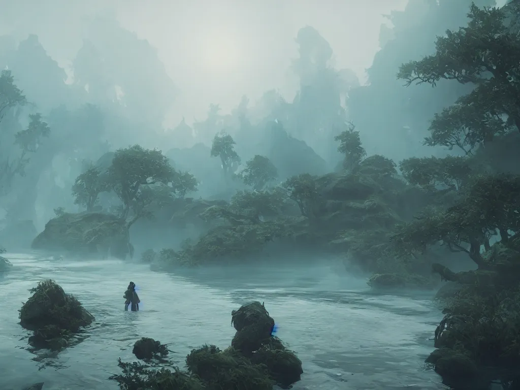 Image similar to monster - elemental hunting on foggy river. vaporwave, unreal engine 5, greg rutkowski, lois van baarle, ilya kuvshinov, global illumination, detailed and intricate environment. hyperrealistic, volumetric lighting. epic cinematic shot, perfectly defined features, ambient occlusion