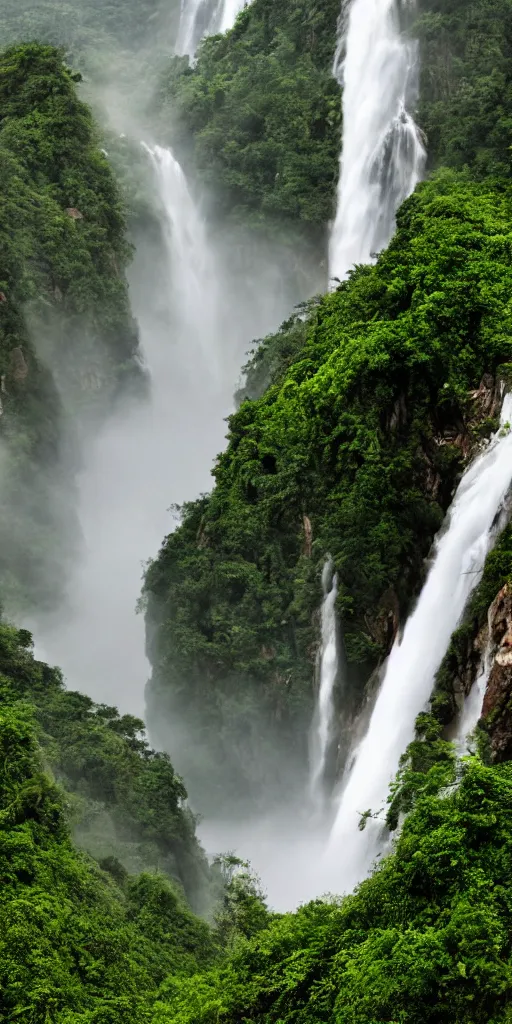 Image similar to a Cloudy peak in southern China with one waterfall, the style of National Geographic magazine