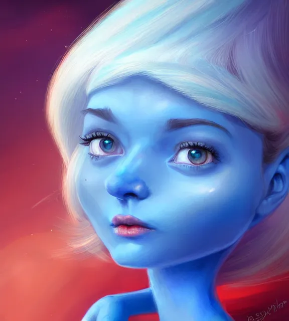 Prompt: cute female smurf with blue skin, perfect face, red sundress, blonde hair, cinematic, stunning, elegant, highly detailed, psychedelic, digital painting, artstation, smooth, hard focus, illustration, art by jessica rossier and and brian froud