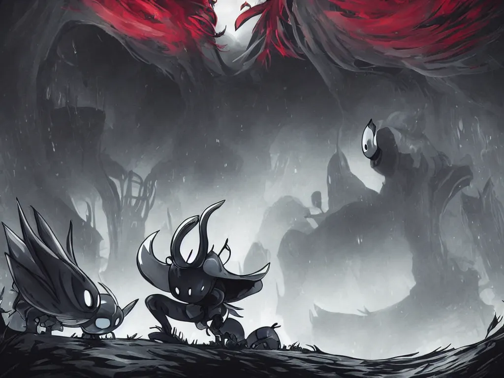 Image similar to cover art for hollow knight. Ominous. High detail. No text. Red. Colors. nightmare king grimm. Sharp. 4K 8K. Detailed shapes.