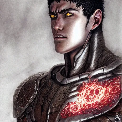 Image similar to photorealistic portrait of guts from berserk extremely detailed, made by wlop and maxwell boas