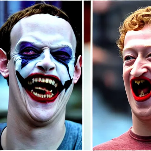 Prompt: funny face pulling competition winning funny face photo of mark zuckerberg as the joker from batman, pulling the move'the banshee ', hilarious face pulling competition winner, extreme face contortion