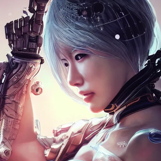 Image similar to ultra realistic illustration of cyborg song hye - kyo, warframe, intricate, nier automata, sunset, white hair, elegant, highly detailed, very intelligent, digital painting, highlights, artstation, concept art, smooth, sharp focus, illustration, art by artgerm and akihiko yoshida and alphonse mucha