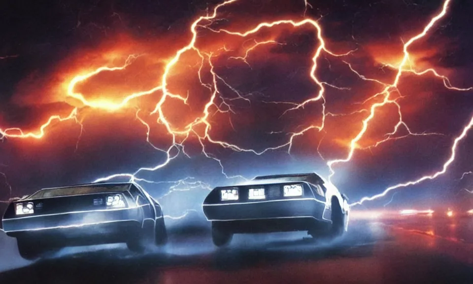 Image similar to scene from back to the future, delorean driving fast, lightning, fire, driving through portal