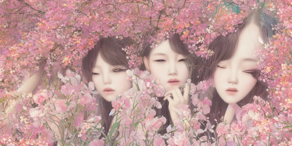 Image similar to breathtaking delicate detailed concept art painting pattern blend of flowers and girls, by hsiao - ron cheng, bizarre compositions, exquisite detail, pastel colors, 8 k