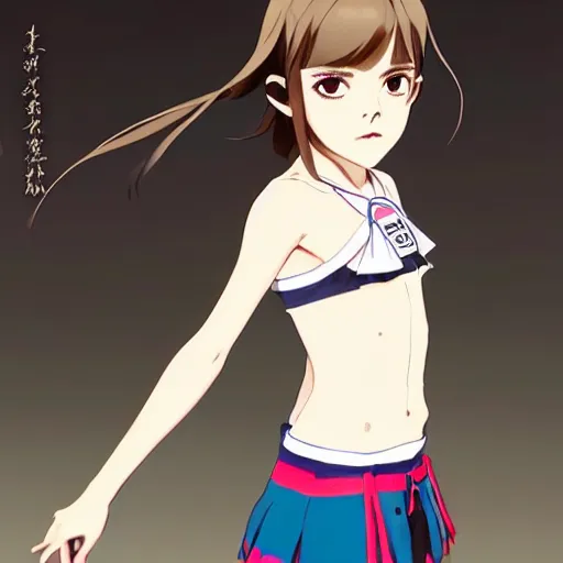 Prompt: a beautiful! boyish! emma watson alluring gravure! model, wearing japanese hiphop school girl outfit with mayan pattern and native style, aztec street fashion, botw style, gapmoe yandere grimdark, trending on pixiv fanbox, painted by greg rutkowski makoto shinkai takashi takeuchi studio ghibli, akihiko yoshida