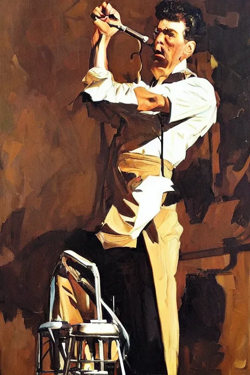 Image similar to kramer holding a microphone on stage, painting by jc leyendecker!! phil hale!, angular, brush strokes, painterly, vintage, crisp