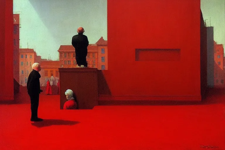 Image similar to only with red, a red old man try to sell a portrait, a crowd cheering, in a city square, in the style of beksinski, parts by edward hopper, parts by rodcenko, parts by yue minjun, intricate and epic composition, red by caravaggio, insanely quality, highly detailed, masterpiece, red light, artstation, 4 k