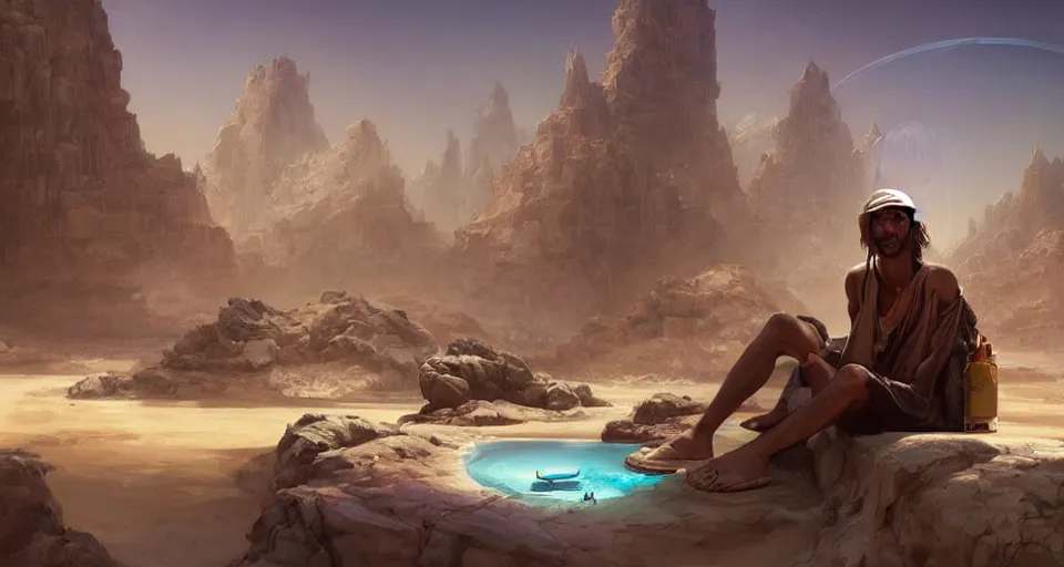 Prompt: a male desert vagabond sitting next to an oasis!!!! with crystal clear water surrounded by skyscrapers with a ringed planet in the sky, by wlop and peter mohrbacher, extremely detailed shading, concept art, digital painting, trending on artstation, unreal engine 5, octane render, atmosphere, glow, cinematic lighting, full of color