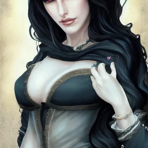 Prompt: yennefer, beautiful face, rule of thirds, intricate outfit, by artgerm