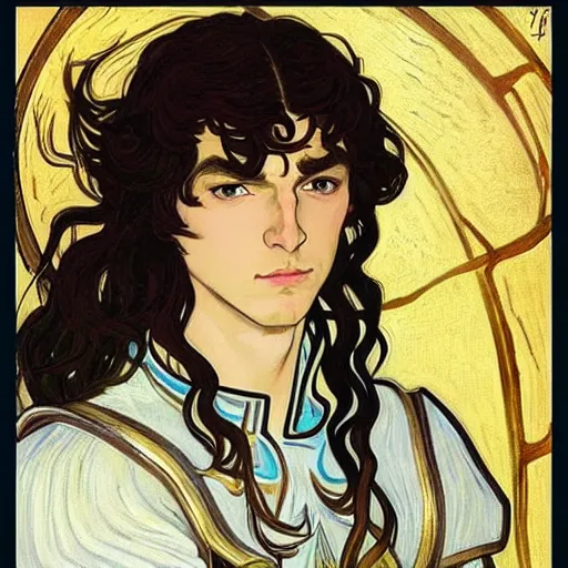 Image similar to portrait painting of young handsome beautiful paladin elf!! man with long! wavy dark hair and blue eyes in his 2 0 s named taehyung minjun james, pale, wearing armor!, gorgeous hair, elf ears, icy eyes, elegant, cute, delicate, soft facial features, art by alphonse mucha, vincent van gogh, egon schiele,