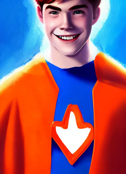 Image similar to friendly teenage archie andrews wearing an orange superhero costume with heart logo, heart, freckles, blue cape, heart emblem on chest, blue cape, intricate, elegant, glowing lights, highly detailed, digital painting, artstation, sharp focus, illustration, art by wlop, mars ravelo and greg rutkowski