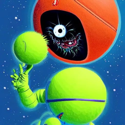 Image similar to a tennis ball monster in space , digital art, fantasy, magic, trending on artstation, ultra detailed, professional illustration by Basil Gogos