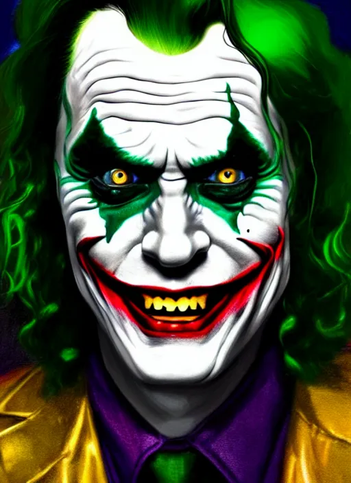 Prompt: portrait of tommy wiseau as the joker, green hair, intricate, elegant, glowing lights, highly detailed, digital painting, artstation, concept art, sharp focus, illustration, art by wlop, mars ravelo and greg rutkowski