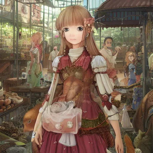 Prompt: character portrait of the capybara princess with gorgeous detailed eyes in the marketplace in the sky, color page, tankoban, 4 k, tone mapping, doll, akihiko yoshida, james jean andrei riabovitchev marc simonetti, yoshitaka amano, long hair, curly, greater capybara, giant cavy rodent, h. hydrochaeris