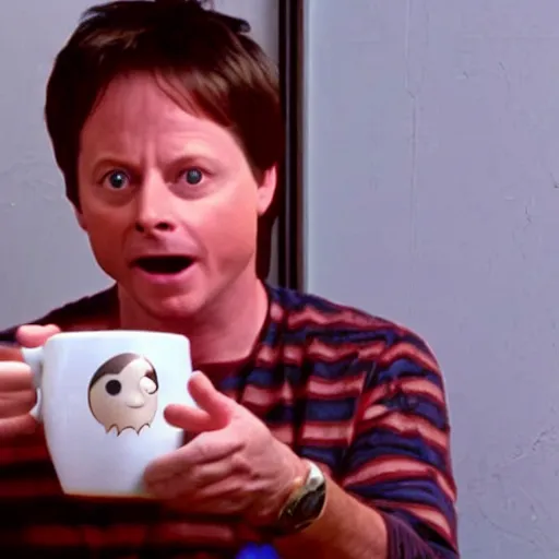 Image similar to Michael J Fox drinking holding a poop emoji mug