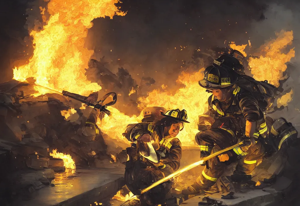 Image similar to heroic firefighter in action in black and yellow uniform, fire flames, sharp details, sharp focus, elegant, highly detailed, illustration, by jordan grimmer and greg rutkowski and pine ( ハイネ ) and 薯 子 imoko and 香 川 悠 作 and wlop and maya takamura, intricate