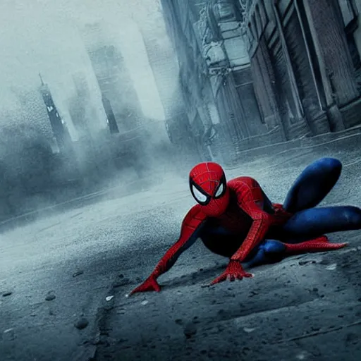 Image similar to dramatic scenes of wounded spiderman, post apocalyptic, sad ambience