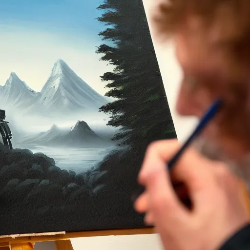 Image similar to a closeup photorealistic photograph of bob ross working on a canvas painting of darth vader. film still. brightly lit scene. mountains and trees. this 4 k hd image is trending on artstation, featured on behance, well - rendered, extra crisp, features intricate detail, epic composition and the style of unreal engine.