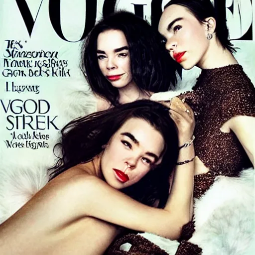 Image similar to stunning vogue magazine photo of dark - haired goddesses vanessa kirby, hailee steinfeld, and bjork smiling, legs intertwined, laying back on the bed, with wet faces!!, wet lips, perfect eyes, insanely detailed, elegant, by rutkowski, livia prima, mucha, wlop,