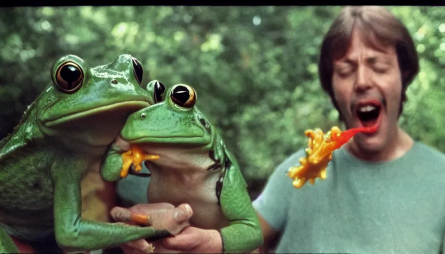 Image similar to 70s movie still of a man yelling with frog in the mouth, eastmancolor, heavy grain, high quality, higly detailed, liminal space