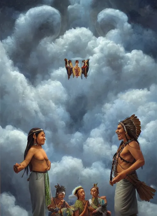 Image similar to faces of indigenous amazonian grandfathers and grandmothers spirits in the clouds, smiling, protection, benevolence, ancestors, detailed faces, art by christophe vacher