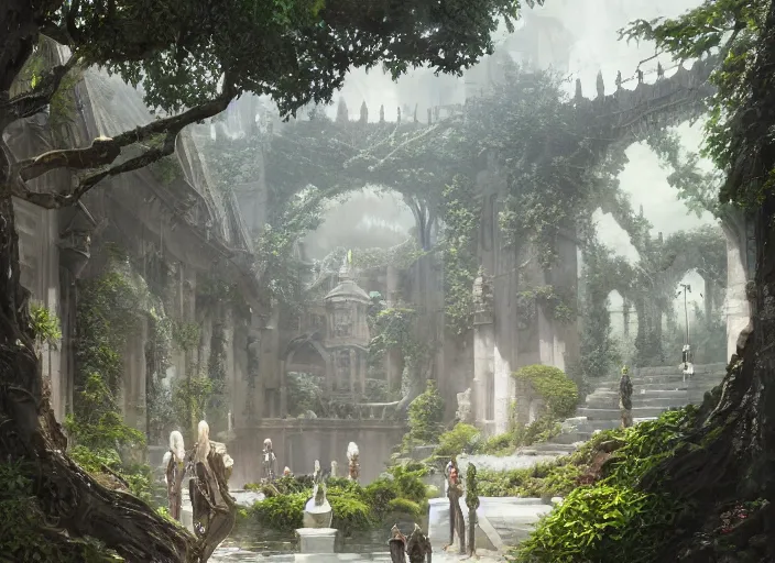 Image similar to A wide open courtyard in a beautiful elven city made of ivory, anime, lush trees, fountain, a fantasy digital painting by Greg Rutkowski and James Gurney, trending on Artstation, highly detailed