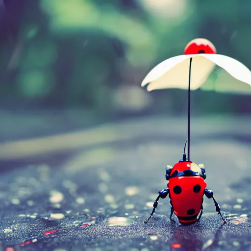 Prompt: a cute tiny robot holds a big flower up like an umbrella, a ladybug is beside the robot, raining, award winning macro photography, kodachrome, dramatic lighting