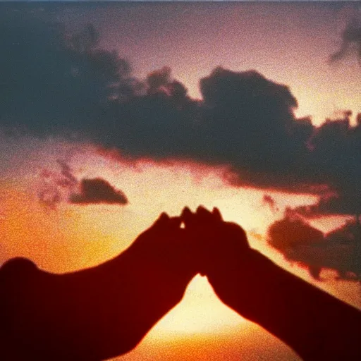 Image similar to vhs video of a couple holding their hands, vhs artifacts, old, 1 9 7 9, nostalgic, sunset, sky, clouds