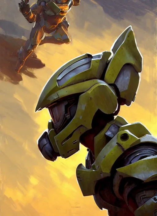 Image similar to Greg Manchess painting of a Corgi in a combination of Metroid Prime Armor and Forerunner Armor from Halo, countryside, calm, fantasy character portrait, dynamic pose, above view, sunny day, thunder clouds in the sky, artwork by Jeremy Lipkin and Giuseppe Dangelico Pino and Michael Garmash and Rob Rey, very coherent asymmetrical artwork, sharp edges, perfect face, simple form, 100mm