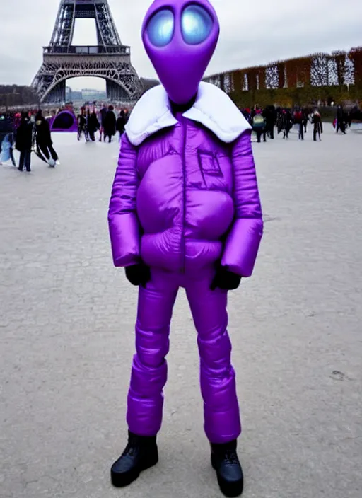 Prompt: purple alien wearing white puffer jacket, in paris, they hold a model ufo, in the style of jojo's bizarre adventure,