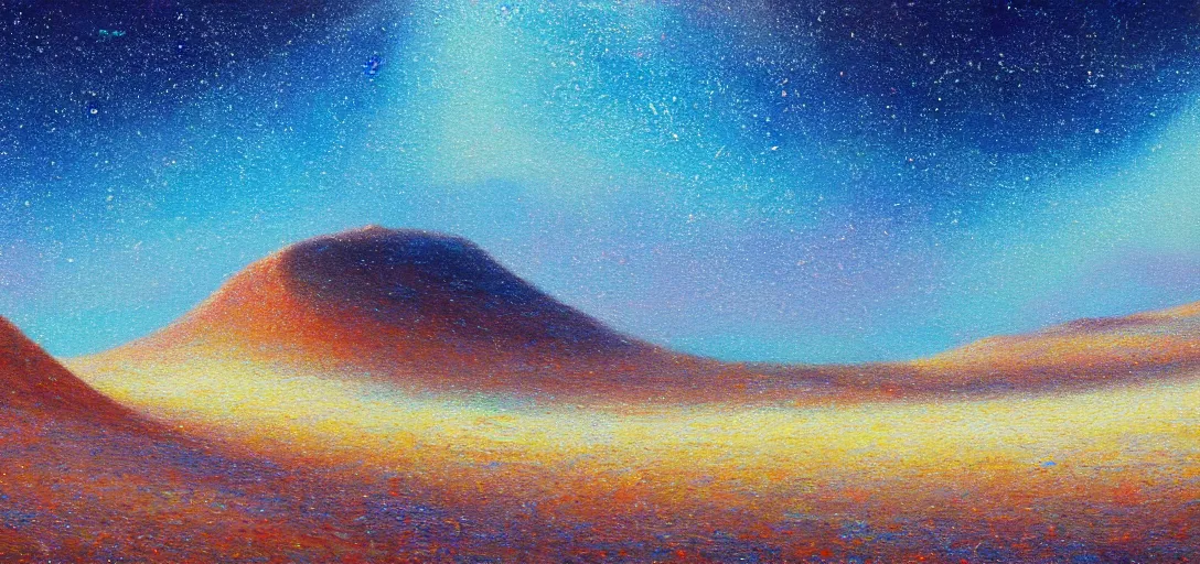 Prompt: an oil painting of a blue desert landscape with roads of colored glittering sand, classical landscape painting, artstation, high detail, award winning, psychedelic and glittering, cinematic composition