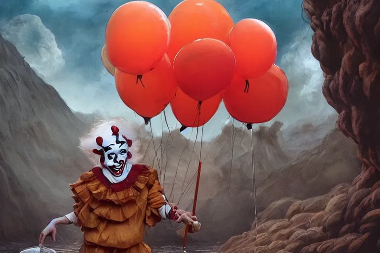 Prompt: pennywise as pulcinella!!! holding a pizza!!, volcano in the background, glowing rivers of lava, dark cloudy sky, an ultrafine detailed painting by joe fenton, full body, wide angle, post - apocalyptic vibe, pop surrealism, sharp focus, 3 d octane render, 4 k, perfect symmetrical face, masterpiece, hyperrealistic, trending on deviantart